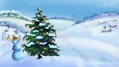 雪人和圣诞树在一个美妙的冬日手工动画的经典卡通风格